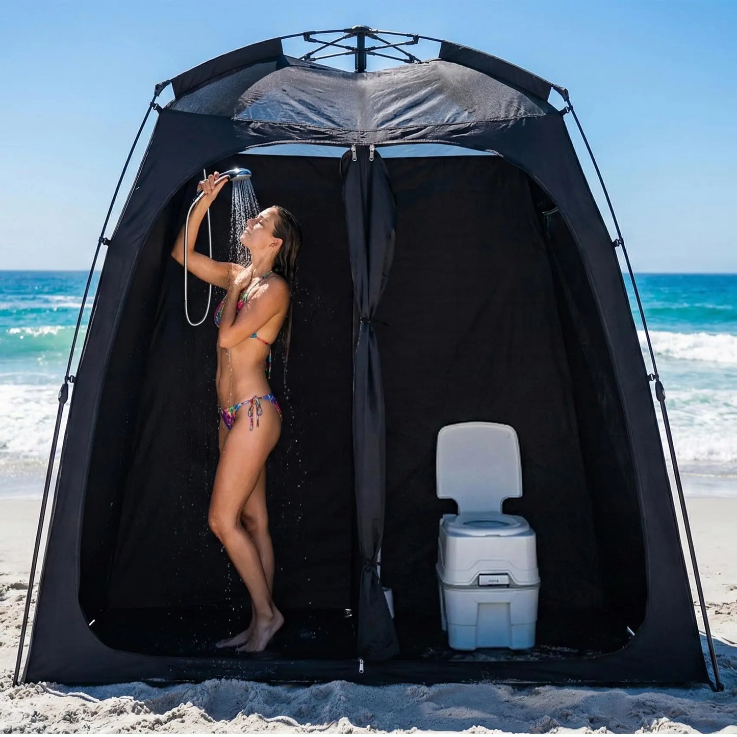 Portable Pop-Up Shower Tent With Floor Dual Doors Privacy Shelter For Camping Beach Changing Toilet