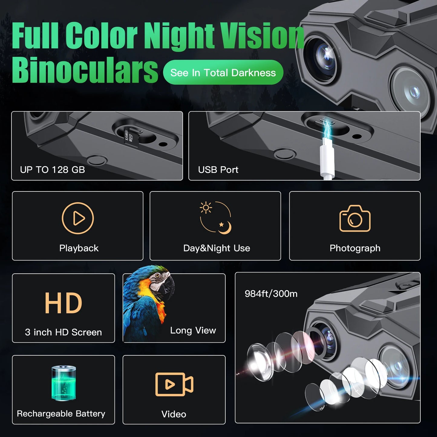 4k Night Vision Binoculars 1968ft Viewing Range 20 Digital Zoom Rechargeable Battery 3 Inch Screen For Hunting Camping Security