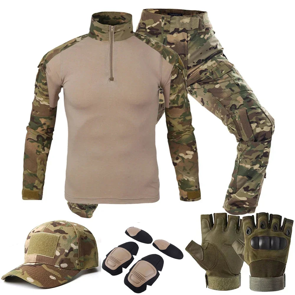 Tactical Combat Tops + Cargo With Caps and Gloves Pants Suit Multiple Training Kits Camo Airsoft Hunting Clothes CP