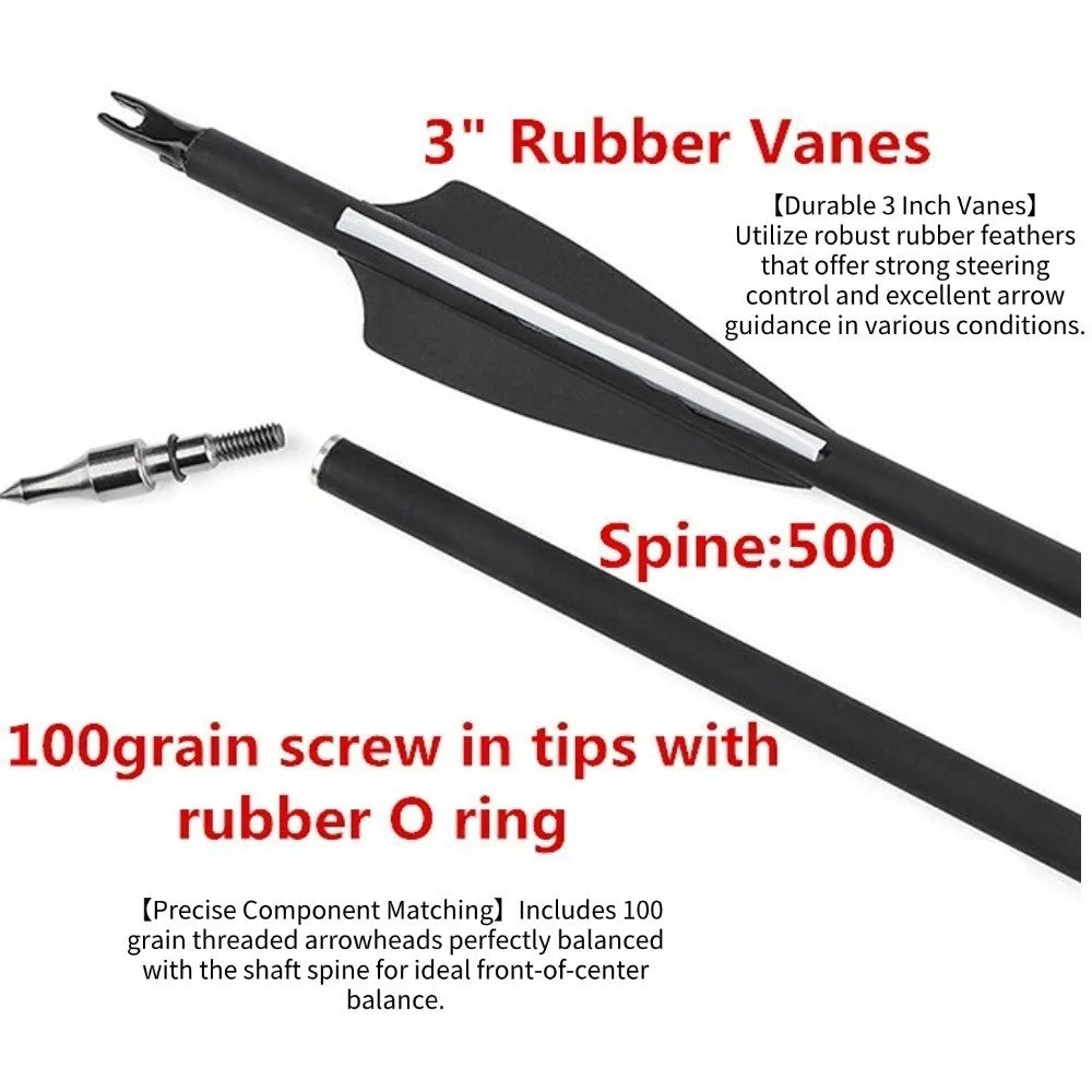 12pcs Archery Carbon Arrow SP500 Mixed Carbon 3 Inch Rubber Feather 100Grain Target Point for Compound Bow Shooting Hunting Acc