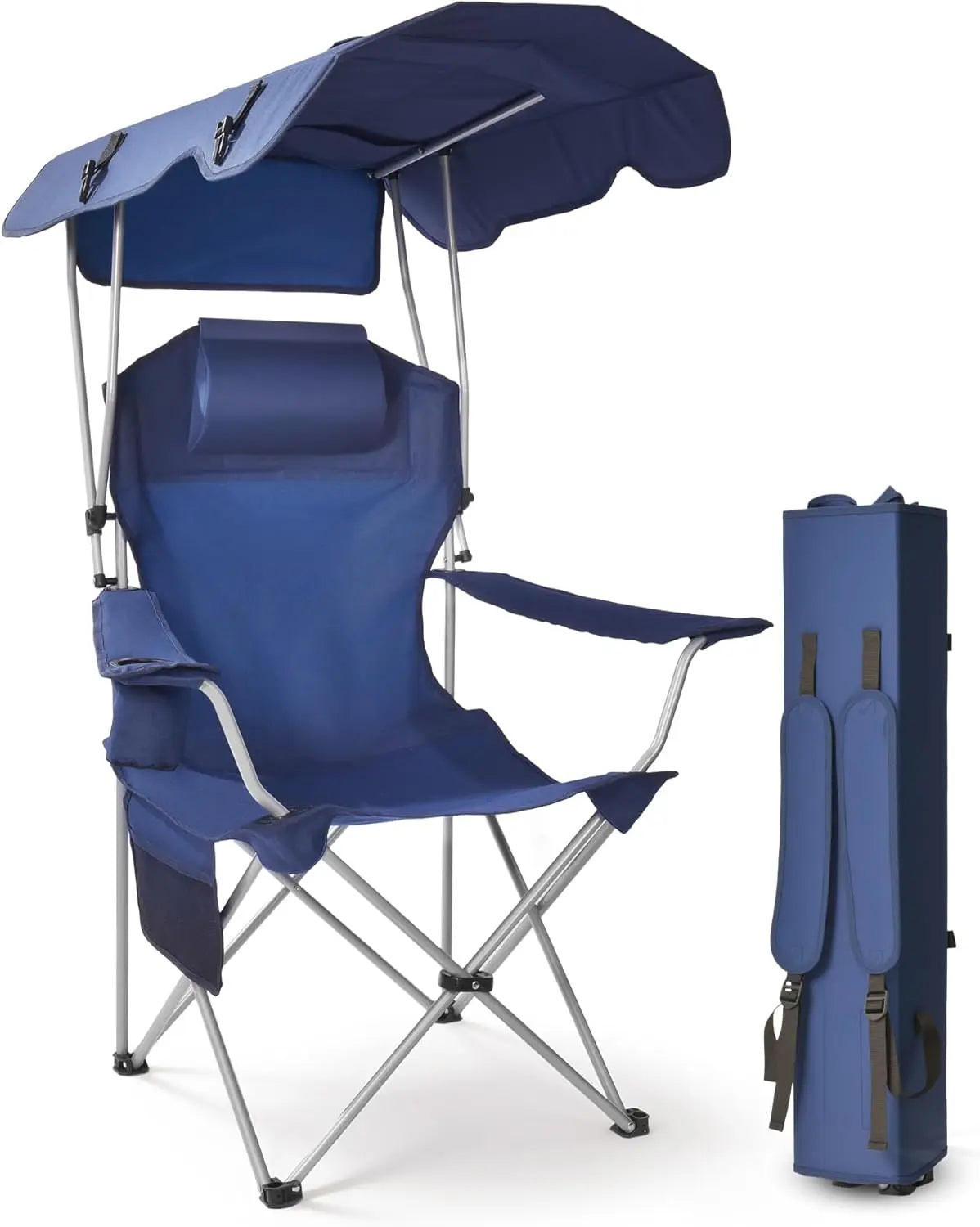 25" High Back Folding Beach Chair with Canopy Shade, Cup Holder, Side Pocket, 330 lbs Heavy Duty for Outdoors