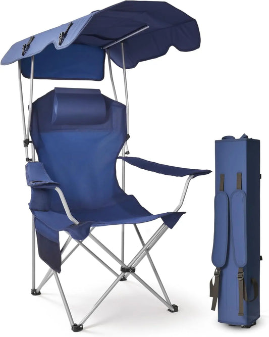 25" High Back Folding Beach Chair with Canopy Shade, Cup Holder, Side Pocket, 330 lbs Heavy Duty for Outdoors