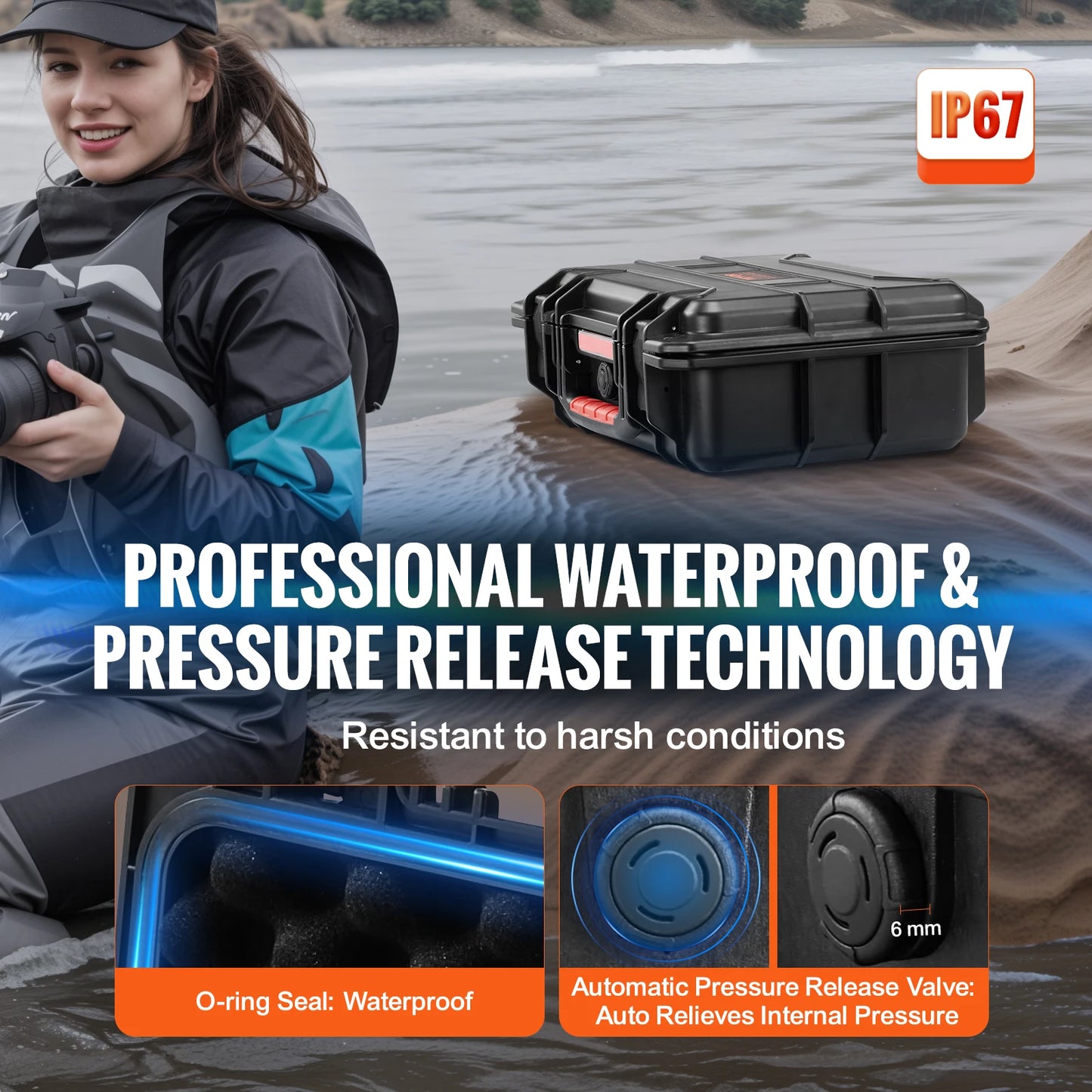 IP67 Weatherproof Hard Case Heavy Duty Protective Case w/ Pre-cut Foam and Handles for Travel Hunting Military Cameras