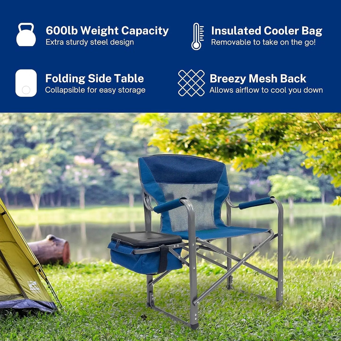 Extra Wide Folding Director Chair - Supports 600lbs, Heavy Duty for Camping, Patio, Sports - Portable with Side Table & Bag