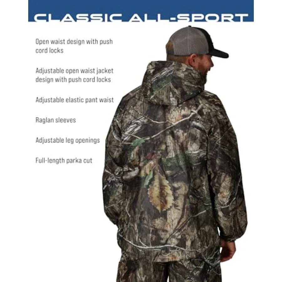 Men's Classic All-Sport 3-Layer Waterproof Breathable Rain Suit for outdoor activities, nylon-polyester blend, black, fully tap