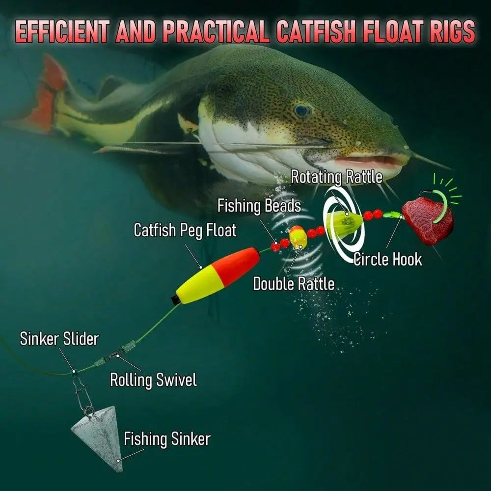 Pack Catfish Fishing Rig Kit Complete Ready Float Rigs Set With Rattles Peg Floats Beads Circle Hooks 6 0 8 0 10 0 Catfishing T