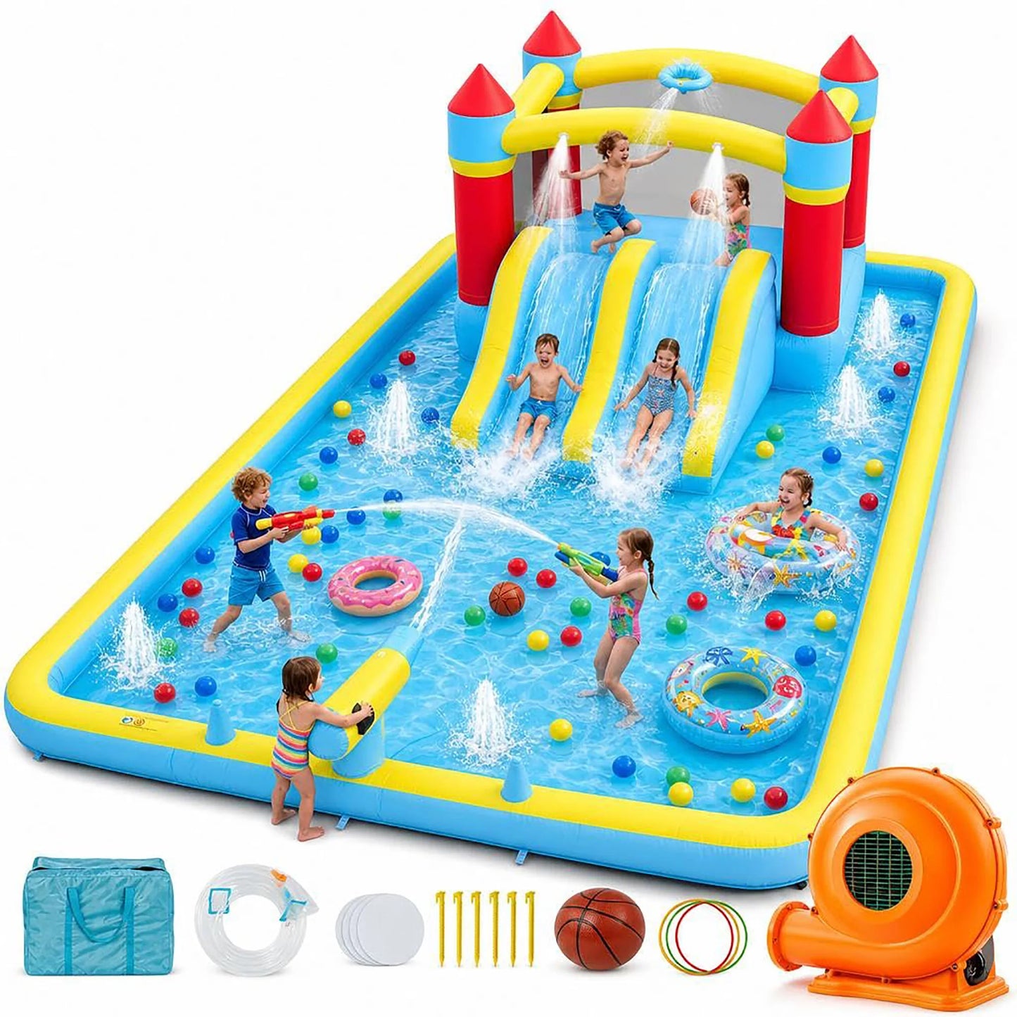 7-in-1 Kids Inflatable Bounce House Water Slide With Splash Pool, Basketball Hoop & 350W Blower, Outdoor Backyard Water Park