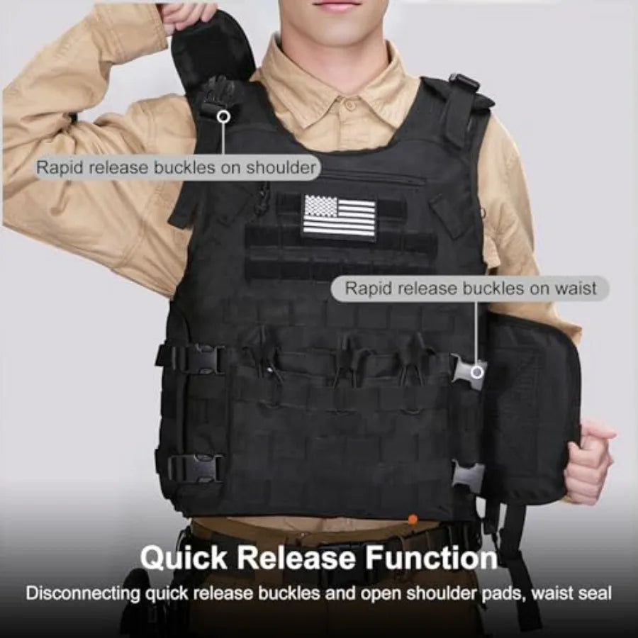 Outdoor Vest with Zipper Bag Adjustable Quick Release Molle Vest with Three Removable Mag Pouches Outdoor Vest Black