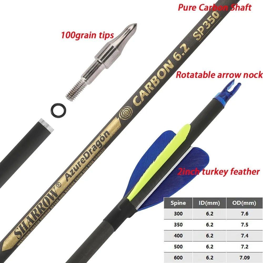 Carbon Arrows 32 Inch Spine 500/600 Pure Carbon Shaft with 2 Inch Feathers for Outdoor Hunting Shooting Compound Recurve Bow