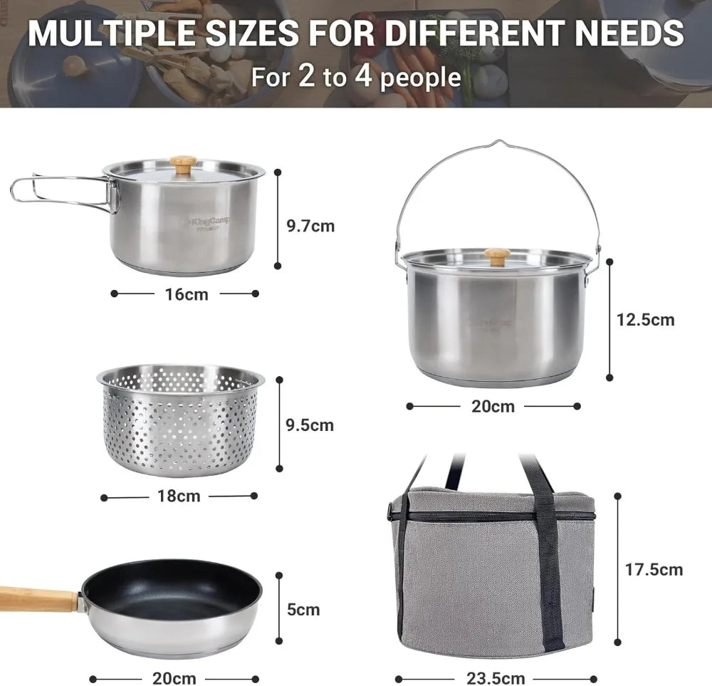 304 Stainless Steel Camping Cookware Set for 4-6, Pots Pan and Kettle with Travel Tote Bag for Outdoor Kitchen Picnic