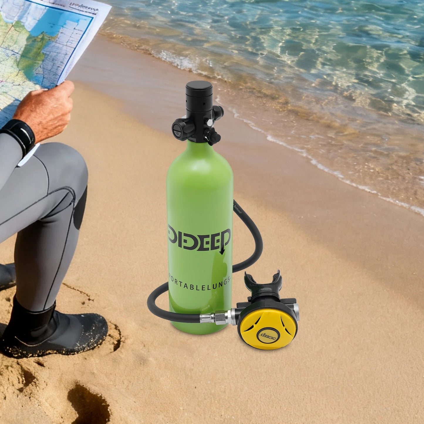 Mini Scuba Tank, Refillable Oxygen Cylinder 1L, Diving Air Tank, Constant Pressure, Safety Valve, Silicone Mouthpiece, Aluminum