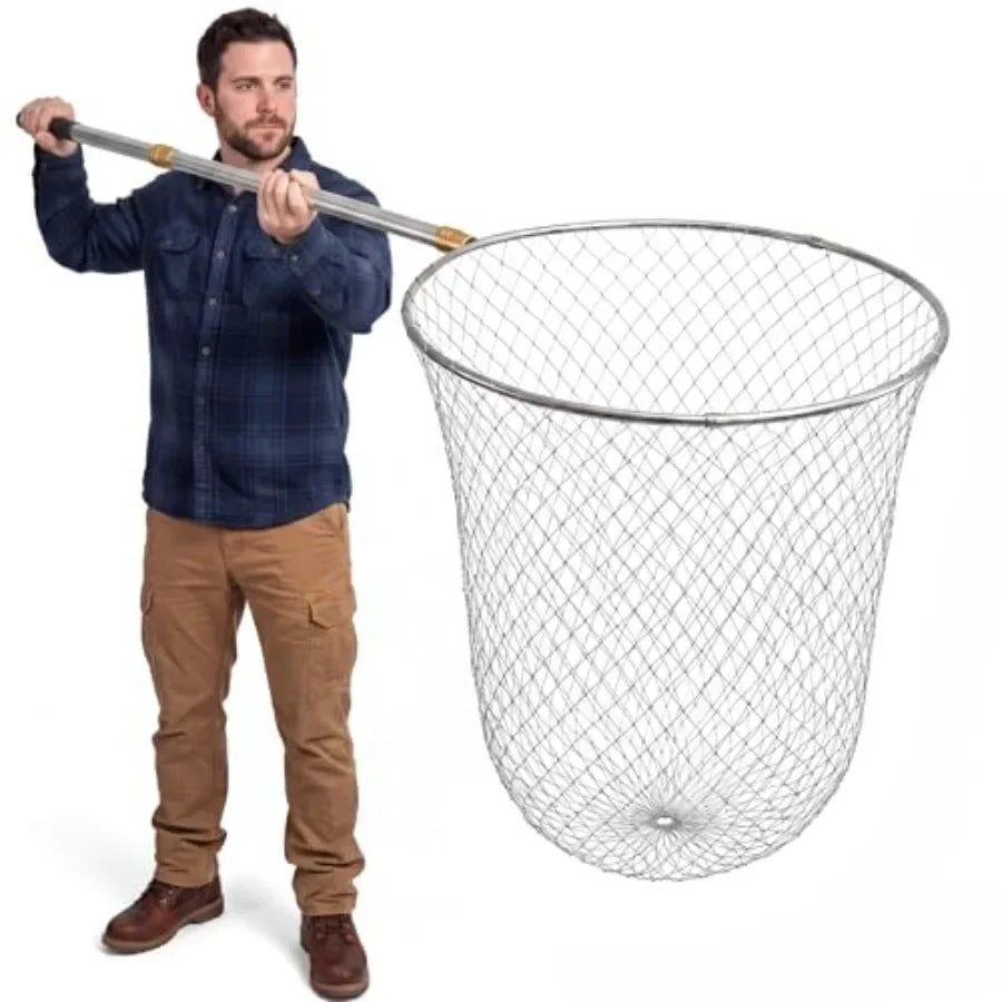 Boat and pier fishing application: stainless steel handle heavy duty fishing net, black, foldable lightweight design with 83-in