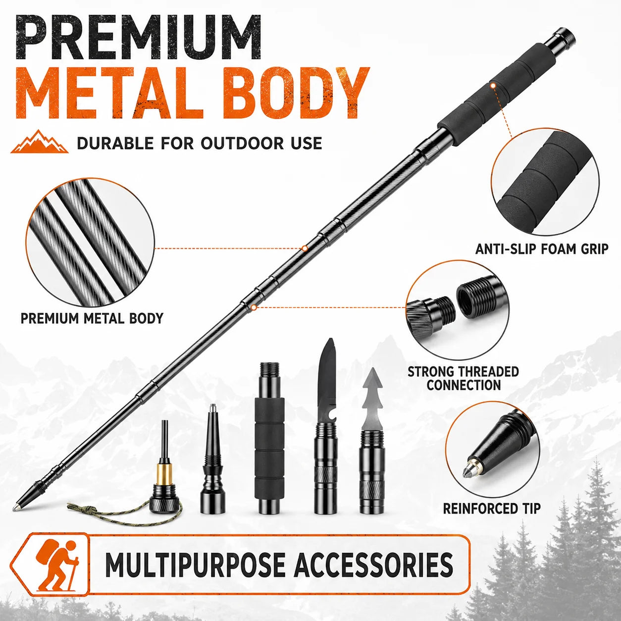 Adjustable 106CM Outdoor Walking Stick, Telescopic Lightweight Hiking Trekking Pole, Non Slip Comfort Grip Travel Camping Equipment, Durable Portable Climbing Support Tool for Outdoor Adventures & Daily Walks