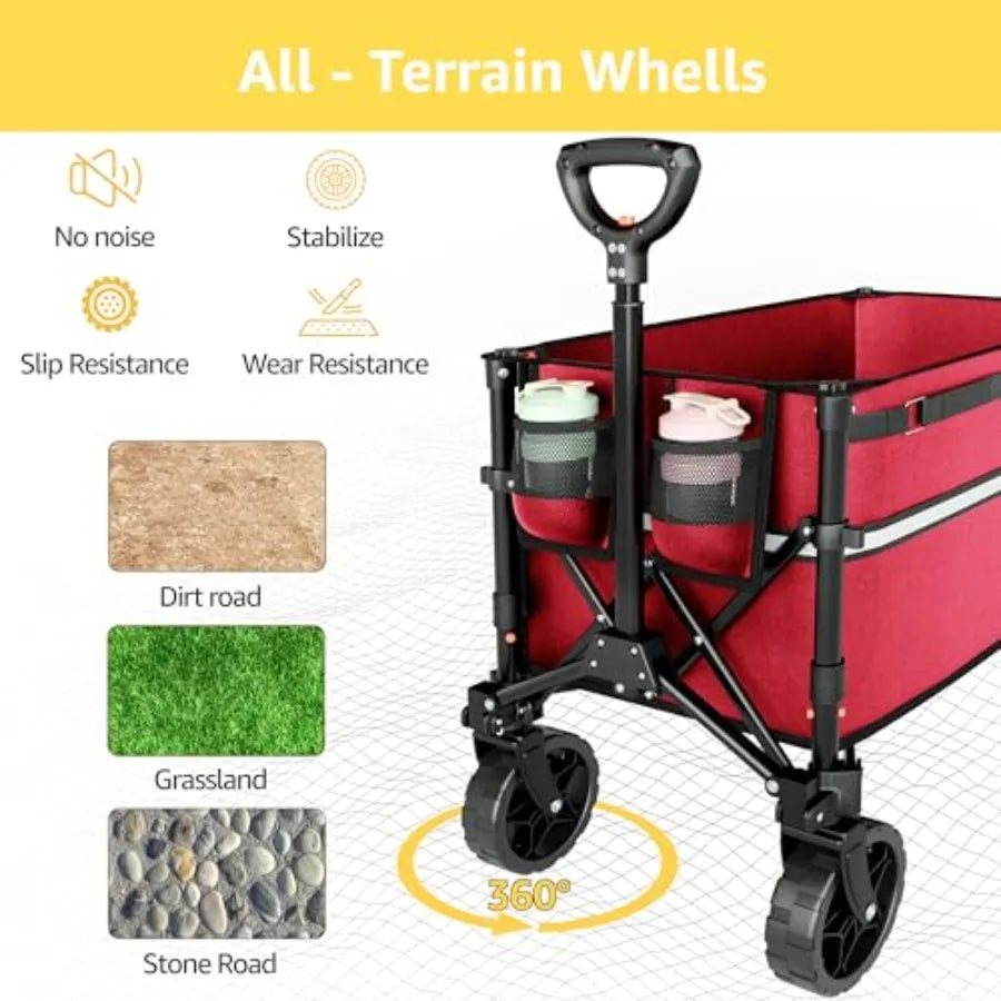 Collapsible Wagon Cart for Grocery Shopping, Garden, Camping Sports Heavy Duty Steel Frame, Black, Foldable with Locking Wheels
