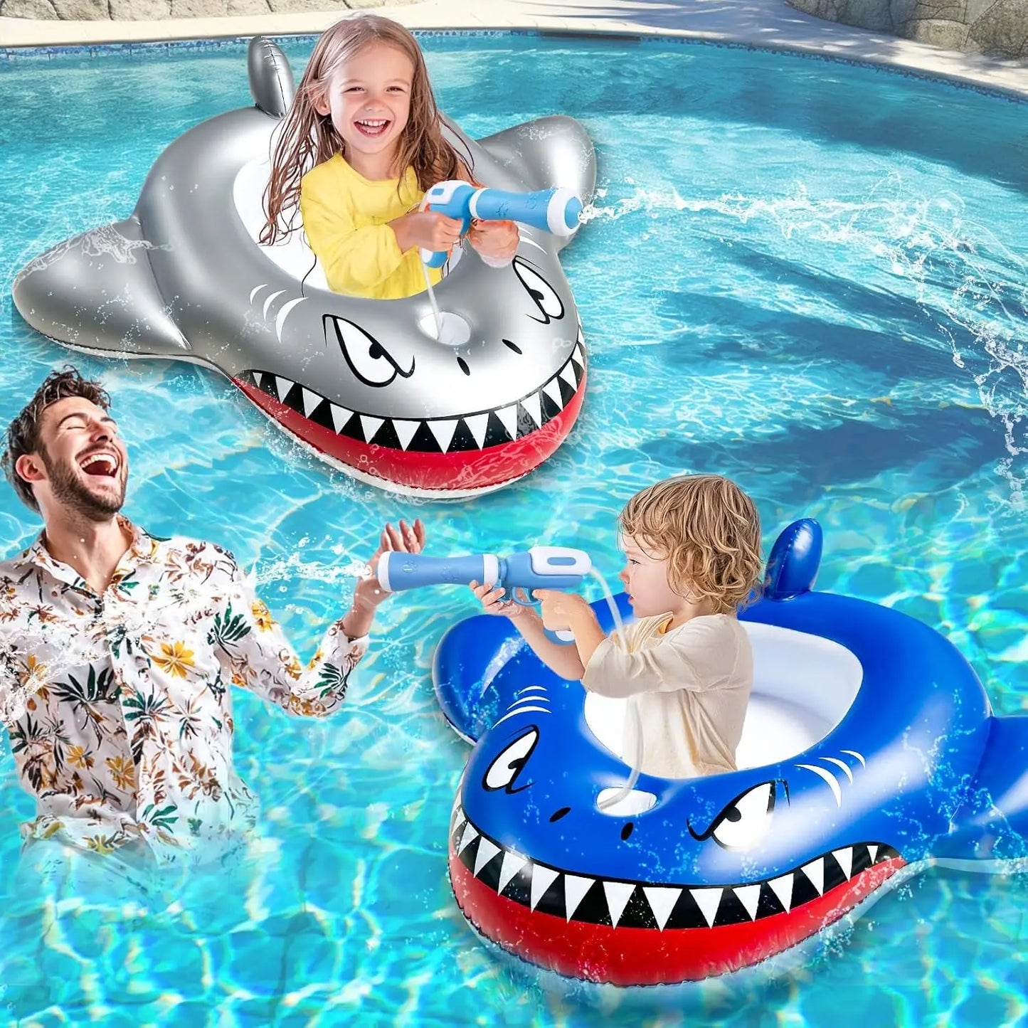 Altrek Store 2 Pack Inflatable Shark Pool Floats Kids 3-11 Years, Kids Floaties Swimming Pool Toys with 2 Water Squirt Guns Boys Girls Party Float Ride-on Toddler Floatie with Safety Seat Summer Outdoor Water Game