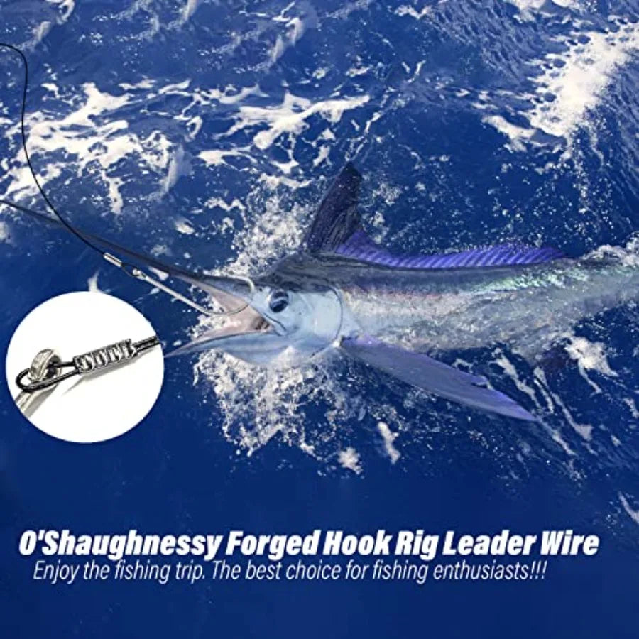Saltwater fishing hook rigs for surf fishing, steel leaders with long shank O'Shaughnessy forged hooks, black leader wire