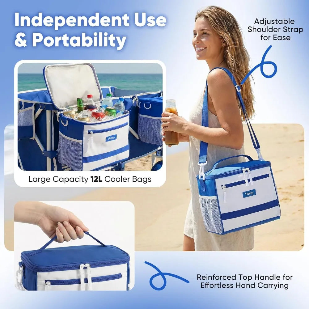 Heavy Duty Beach Wagon with 9" Sand-Proof Wheels, 300L Foldable Cart, Adjustable Handle, Cooler Bag for Camping