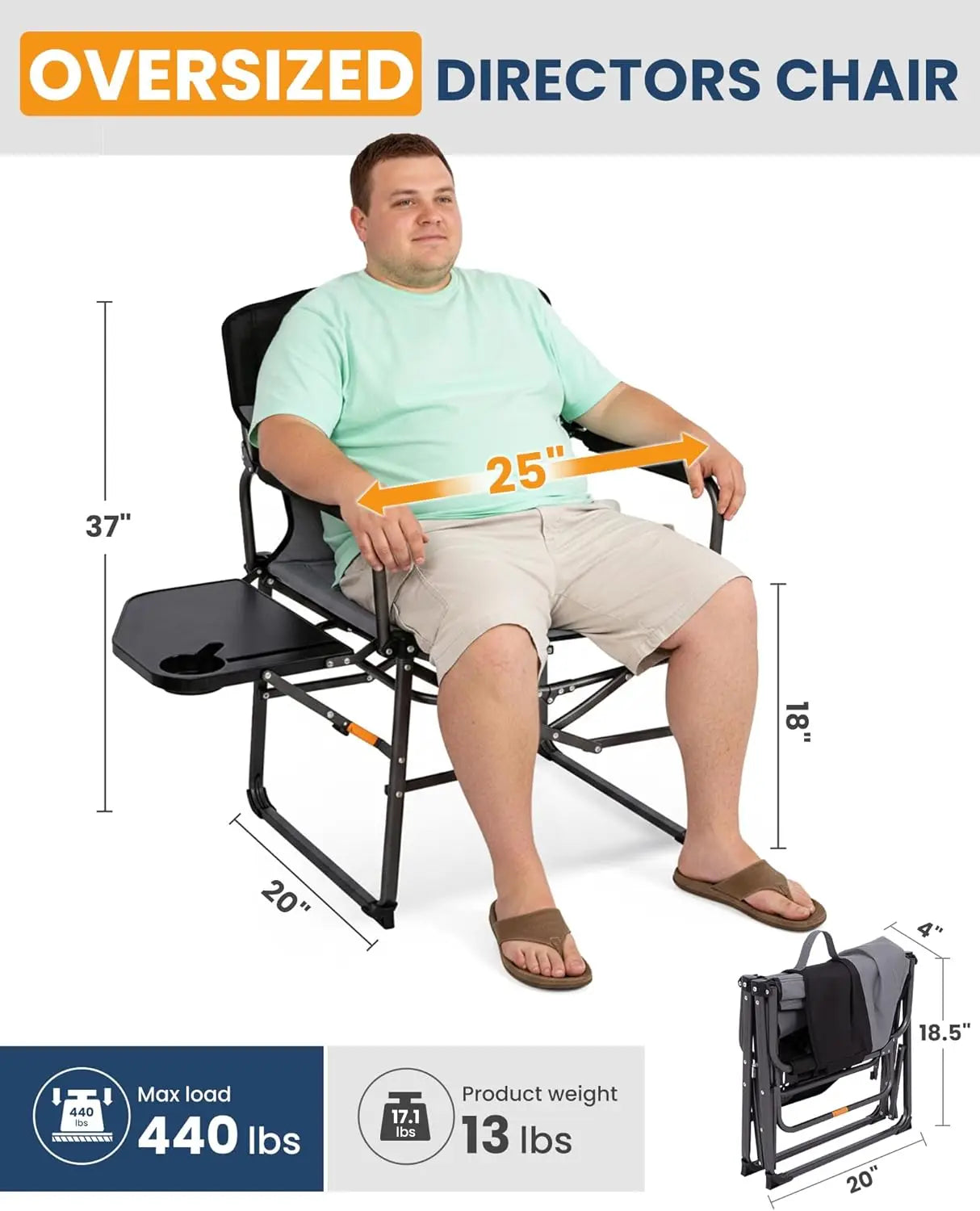 Heavy Duty 440lbs Folding Camping Chair with Side Table, Wide Seat & Anti-Sag Fabric, Easy Setup for Outdoor Lawn Fishing RV