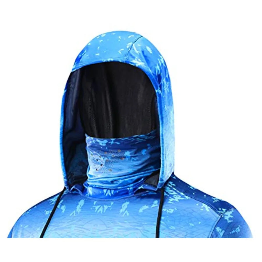 Performance Fishing Hoodie with Face Mask UPF50 Sunblock Shirt Hooded Long Sleeve with Drawstrings Pocket