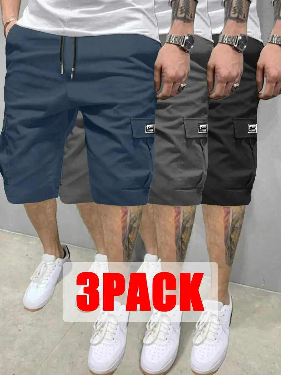 Mens 3-Pack Polyester Cargo Shorts With Drawstring Waist And Multiple Pockets For Outdoor Casual Summer Wear