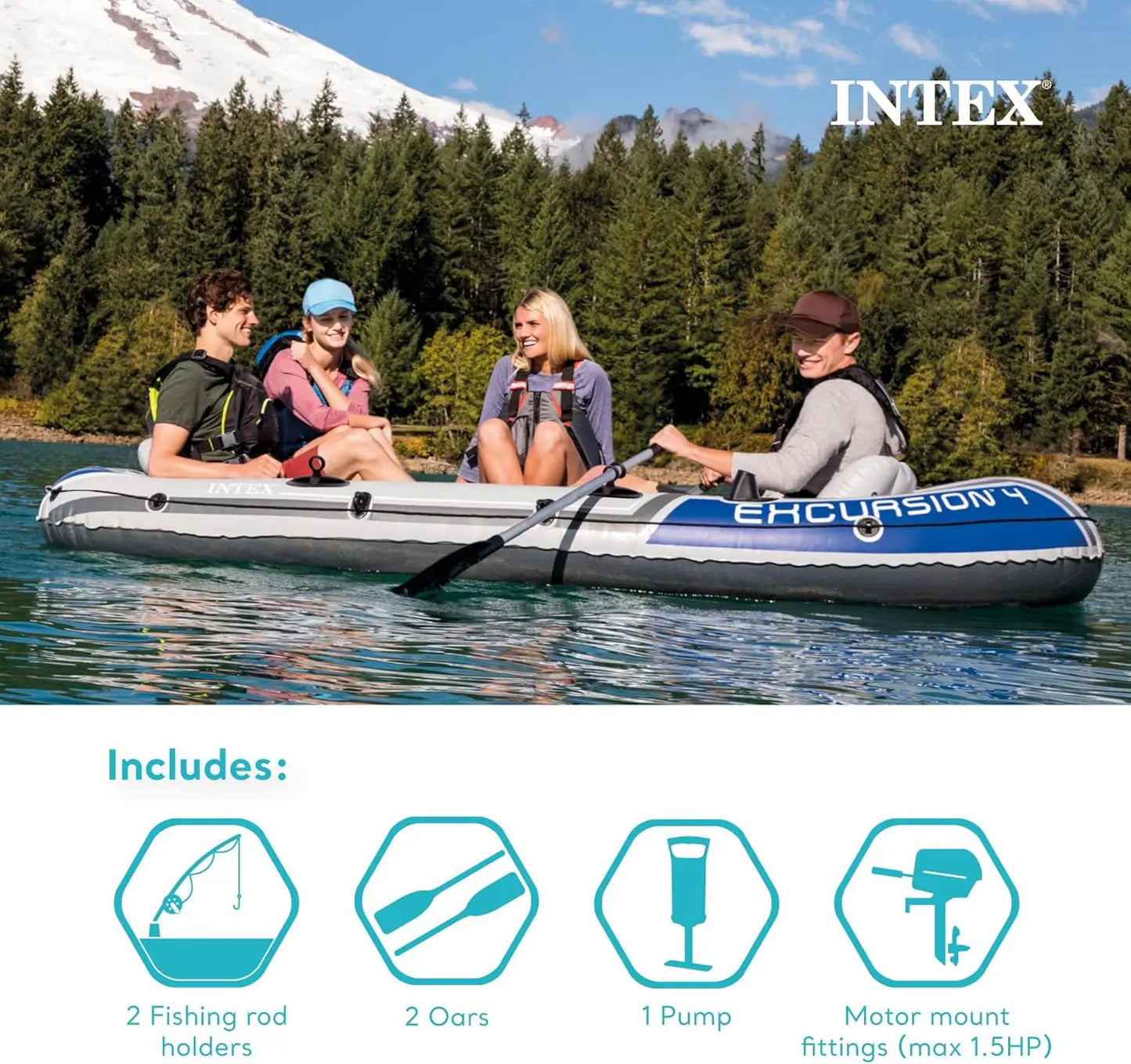 Inflatable 4-Person Fishing Boat Raft Set for Adults with Motor Mount Kit, Designed for River and Lake Use (Motor Not Included)