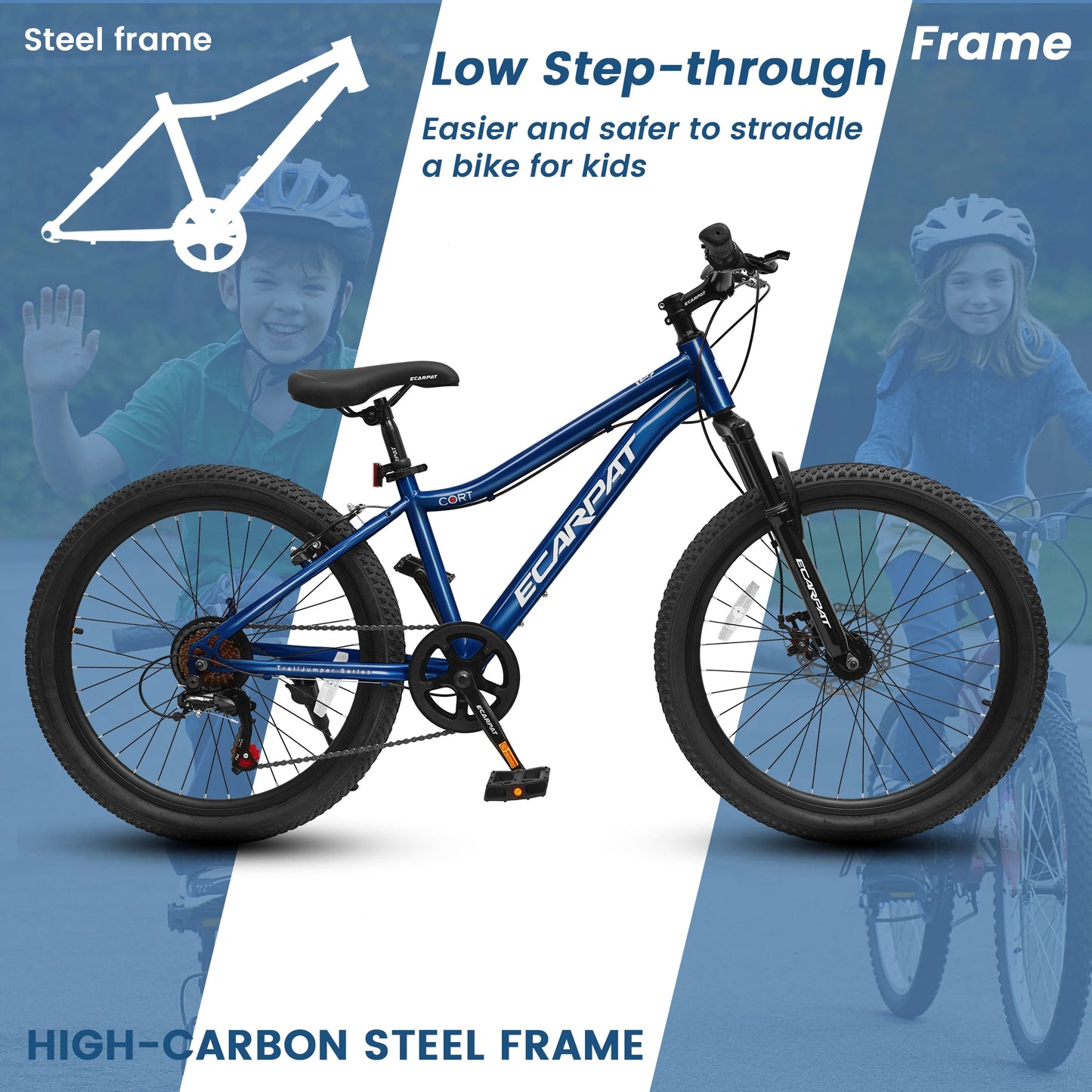 24 Inch Kids' Mountain Bike, 7 Speed Mountain Bicycle with Front Suspension, Front Disc Brake and Rear V-Brake, Carbon Steel Frame Outdoor Cycling City Bike for Teenager Boys Girls Gifts