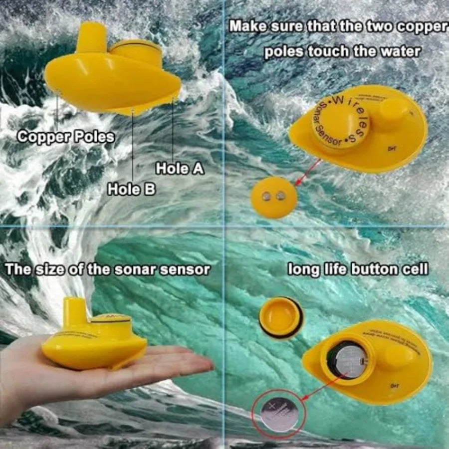 Handheld fish finder for boat and kayak use, ABS plastic body in black, wireless transducer with LCD depth display, portable an