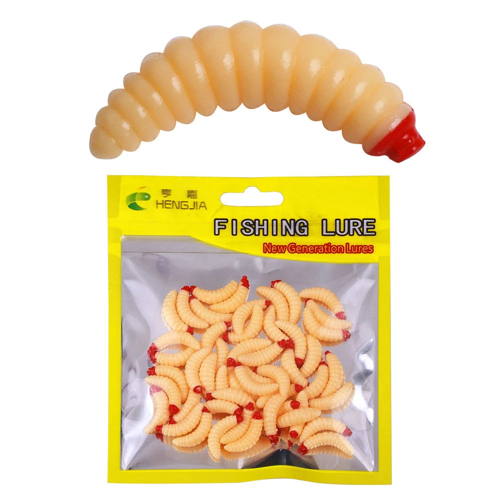 50Pcs 24mm Maggot Grub Soft Fishing Lure Smell Worms Fishing Lures Bionic Maggots Shape Bait for Freshwater Seawater