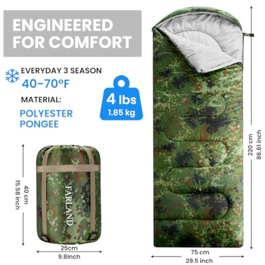 Sleeping Bags for Adults, 3 Season Warm and Cool Weather, Lightweight Camping Sleeping Bag for Family Camping Essentials with C