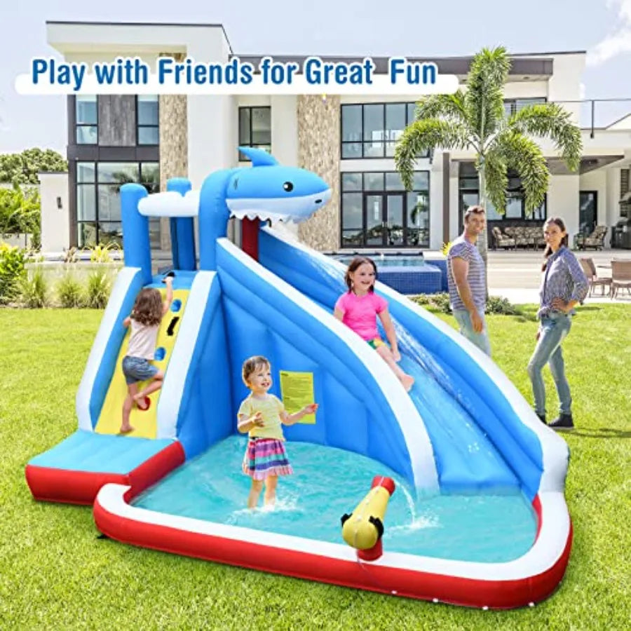 Inflatable Water Slide Shark Theme Blow Up Water Park Bounce House for Backyard Climbing Wall Indoor Outdoor Waterslides Inflat