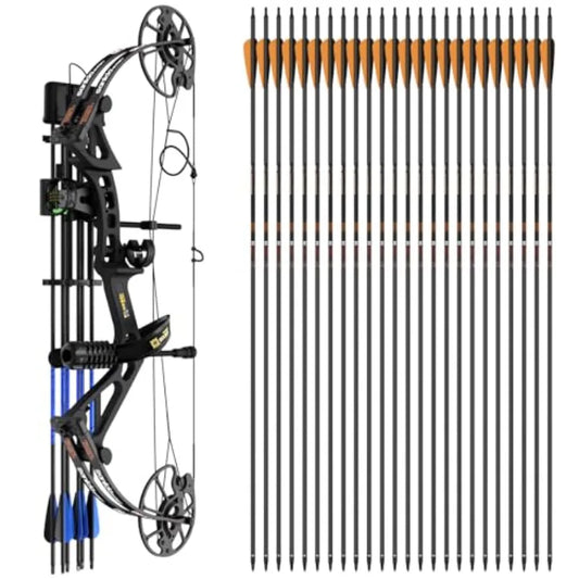 Archery Dragon X7 Compound Bow Kit with 100 Pure Carbon Arrows for Hunting 24PCS 320 Spine Arrows +/-.006 Straightness Black
