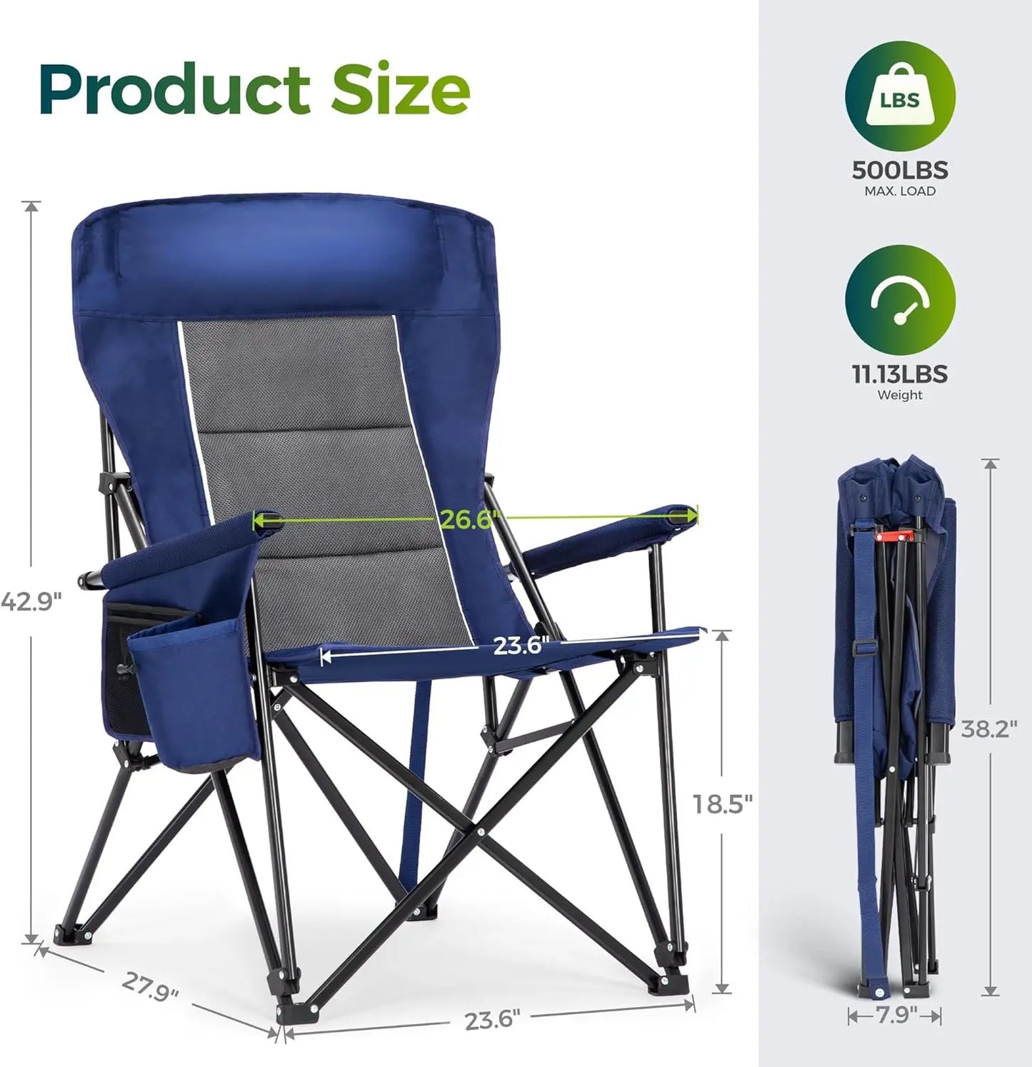 Oversized Folding Camping Chair High Back Heavy Duty 500 LBS Capacity with Cup Holder Side Pocket Portable for Outdoor