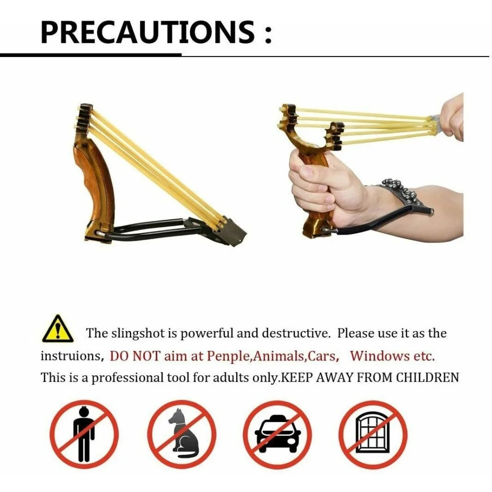 High Precision Outdoor Slingshot Set Alloy Wooden Handle Brown with 3 Rubber Bands 100 Beads Bracket Wrench Protective Gear
