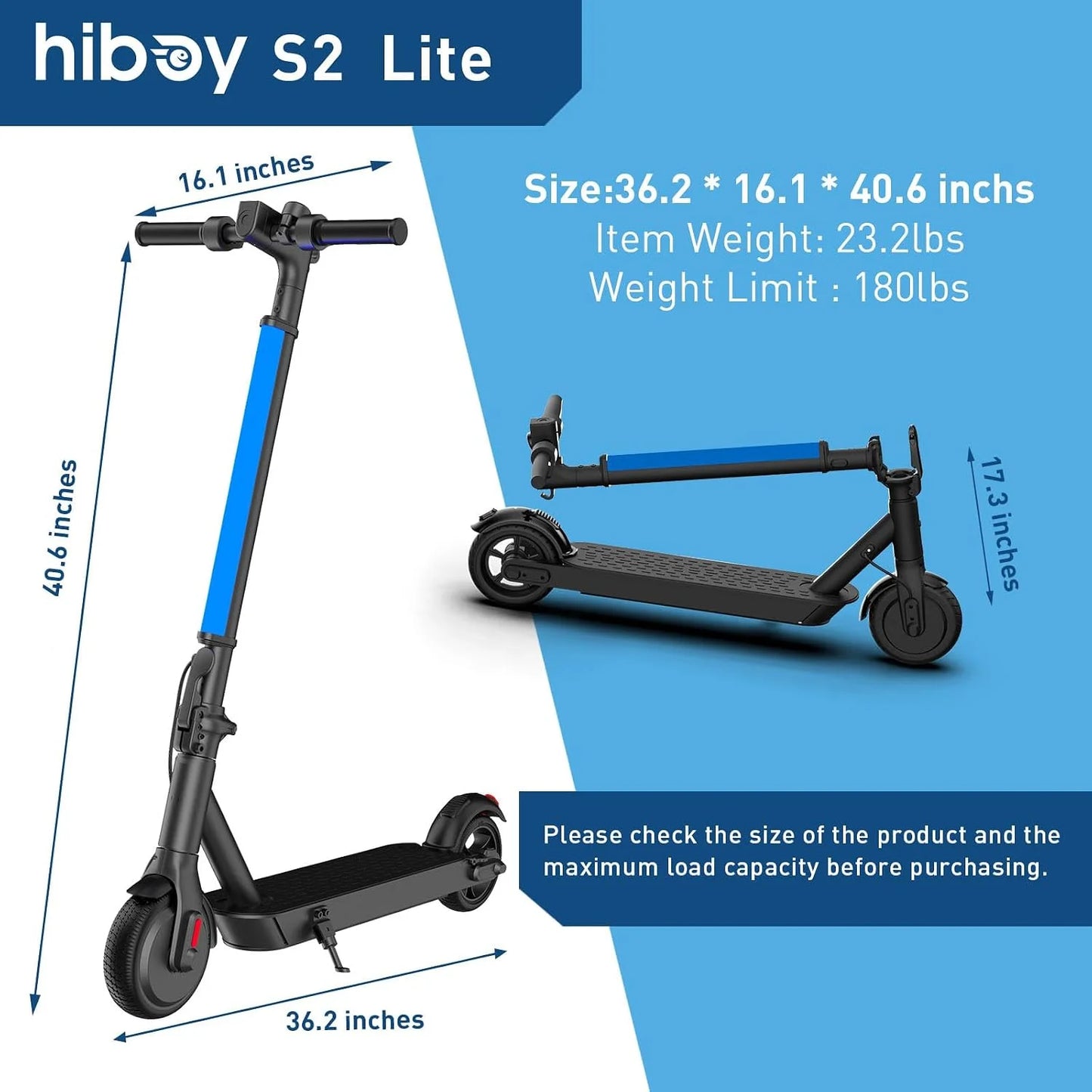 Hiboy S2 Lite Electric Scooter for Teens, 250W Rated 350W Peak Motor, 13 MPH Speed, 10.6 Miles Range, 23.2 lb Lightweight Foldable Design, Dual Brakes, 6.5" Solid Tires, 4-Light Safety System