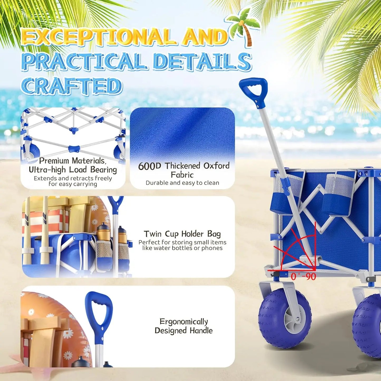 400LBS Heavy Duty Beach Wagon with 9" All-Terrain Inflatable Wheels, Foldable Utility Cart for Sand, Camping, Grocery - Blue