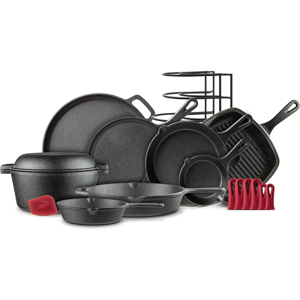 18-Piece Cast Iron Cookware Set - Pre-Seasoned Skillets, Grill Pan, Lids, Griddle, Pizza Pan, Dutch Oven, Pan Rack, Silicone Cov