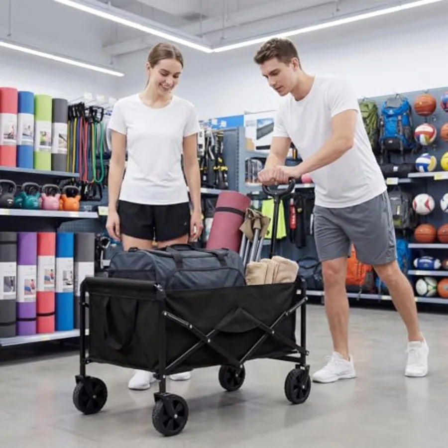Collapsible Wagon Cart for Beach Garden Sports Grocery Camping, Heavy Duty Steel Frame, Black, 220 lbs Capacity Flexible Handle