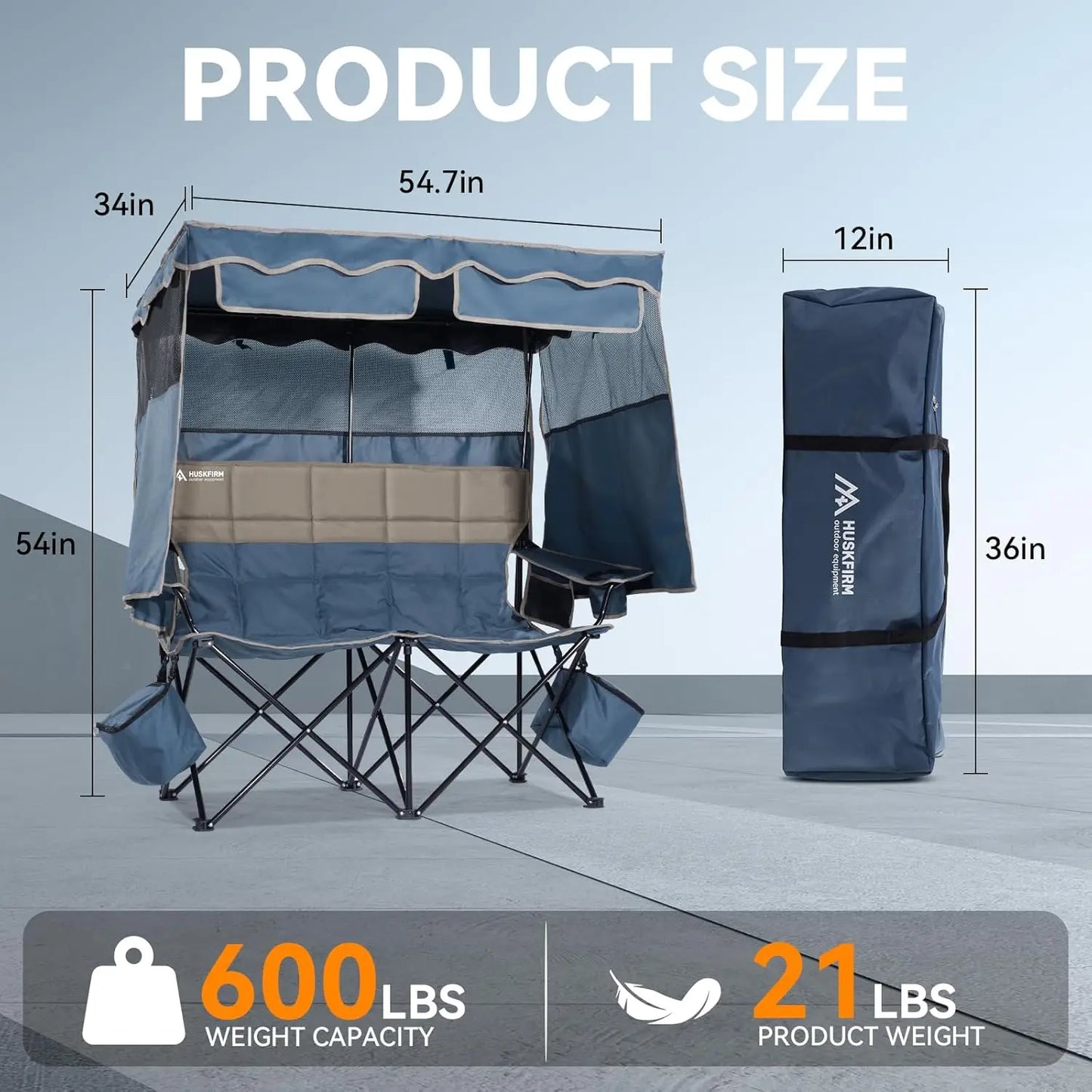 Double Camping Chair with Removable Canopy, Cup Holders & Cooler Bag for Beach, Fishing, Outdoor Use