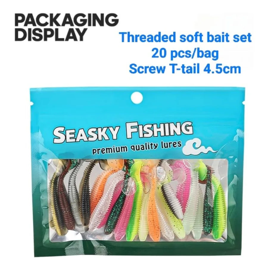 Freshwater saltwater fishing: high carbon steel offset worm hooks with 4.5cm screw T-tail soft bait, black color, reusable plas
