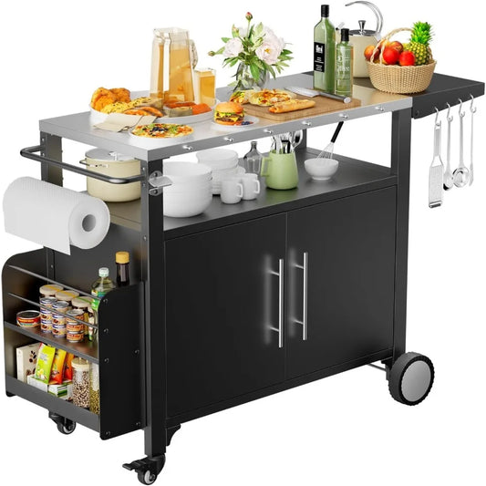 High quality-Outdoor Grill Cart with Storage,Patio Kitchen Island with WheelsHooks and Spice Rack,Waterproof Outdoor Grill Table