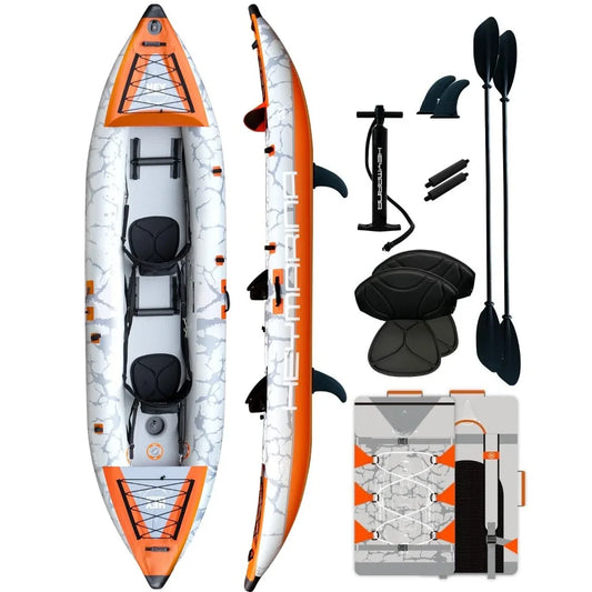 Inflatable Tandem Fishing Kayak for 2 Adults, Portable Touring Canoe with Dual Floats & Drop-Stitch Floor, Custom
