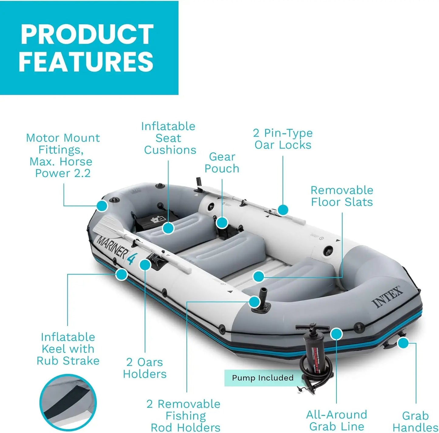 Inflatable Boat with Deluxe Oars and High-Output Pump, Heavy-Duty PVC, Wear-Resistant Keel, Removable Fishing Rod Holders, and Heavy Duty Grab Handle