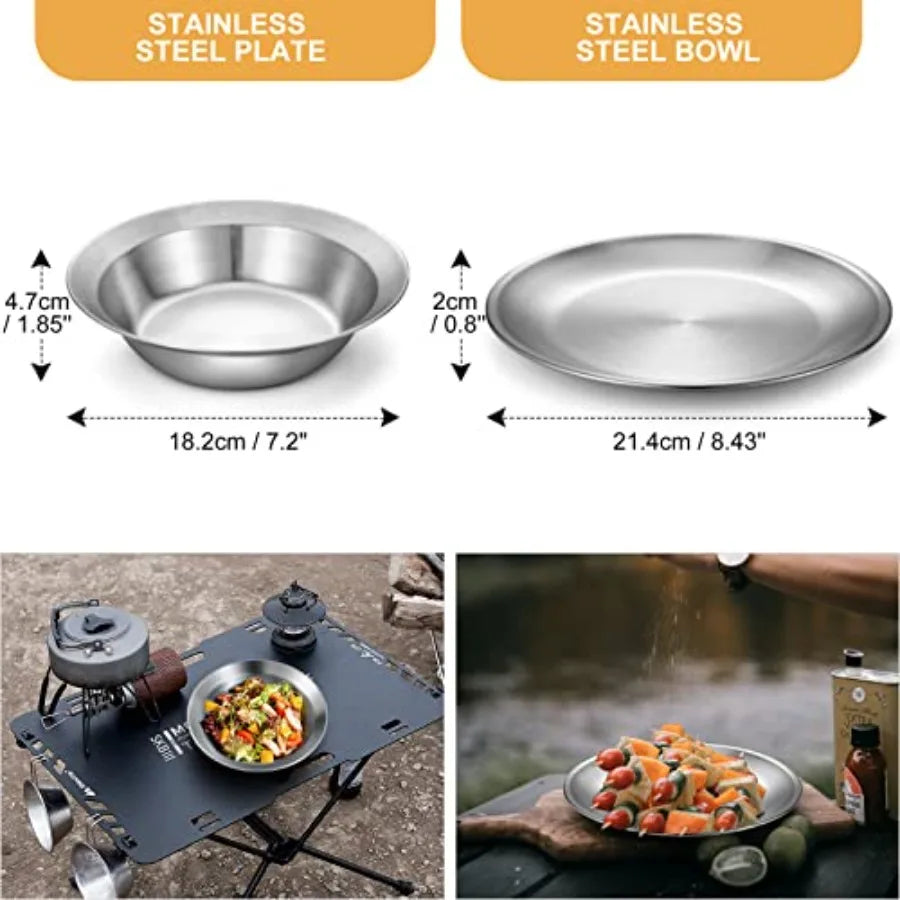 Stainless Steel Camping Mess Kit for Family and Person, Cooking Tableware Utensils with Plates Bowls Forks Spoons Knives and Sa