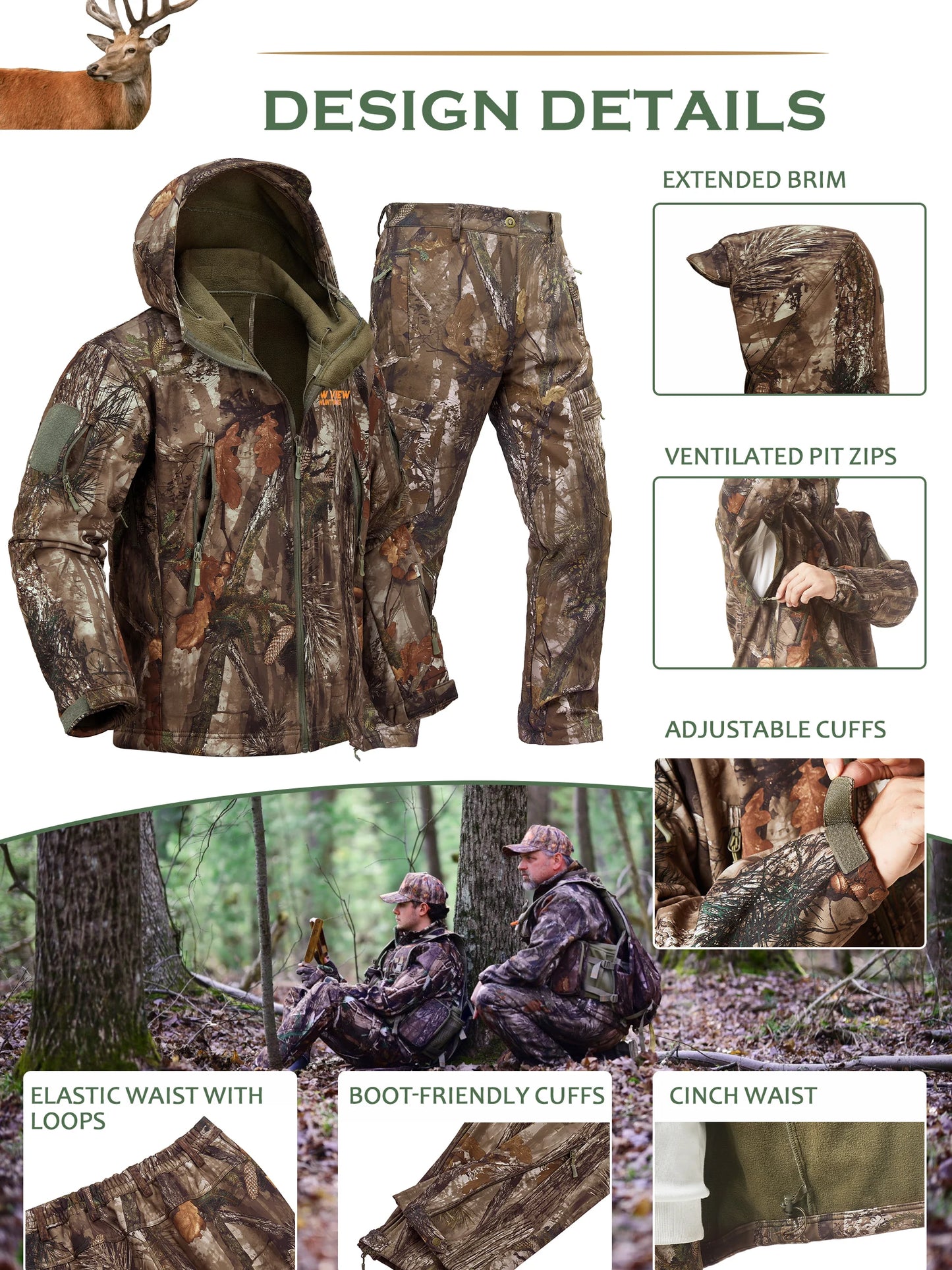 Camo Hunting Suit for Men - Water-Resistant Jacket and Pants with Warm Fleece Lining, Ideal for Cold Weather Hunting