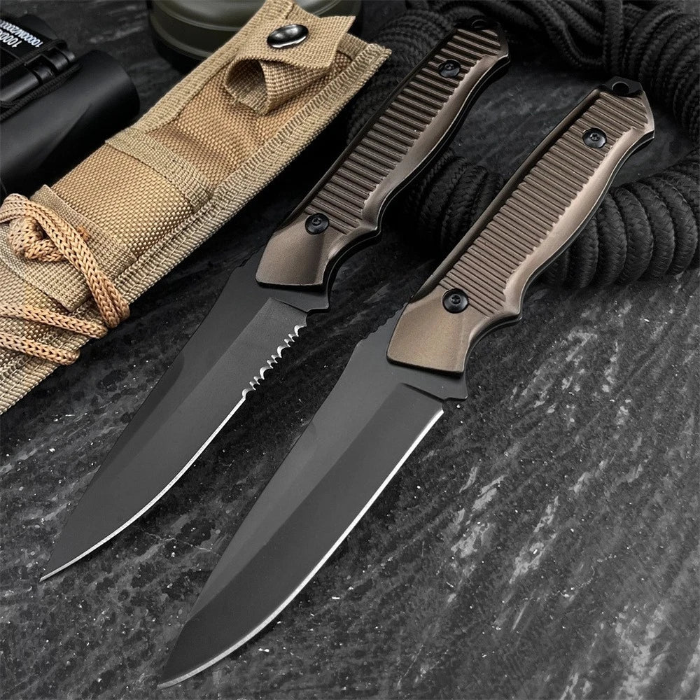 Hiking Knife Durable Black-Coated 440C Blade Aluminum Handle Brown Sheath Jungle Camping Outdoor Adventures Perfect Holiday Gift