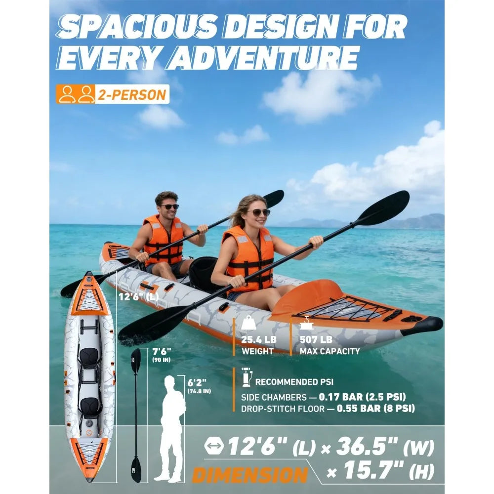 Inflatable Tandem Fishing Kayak for 2 Adults, Portable Touring Canoe with Dual Floats & Drop-Stitch Floor, Custom
