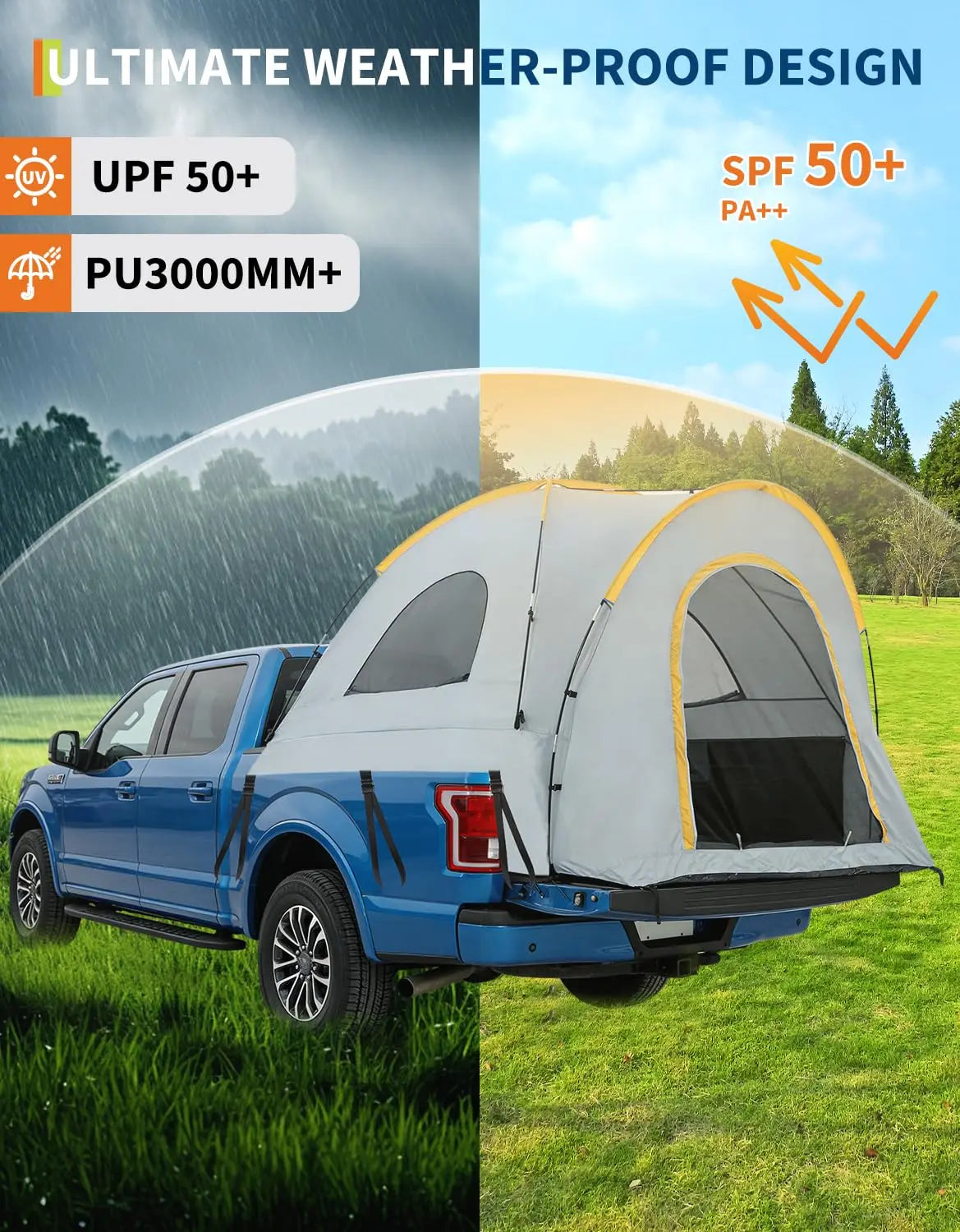 Waterproof Double Layer Pickup Truck Bed Tent with Awning – Portable Camping Shelter for 2–3 Persons, Fits 5–8.2 ft Beds – Compatible with Chevrolet Silverado 1500, F150, Ram 1500 – Includes