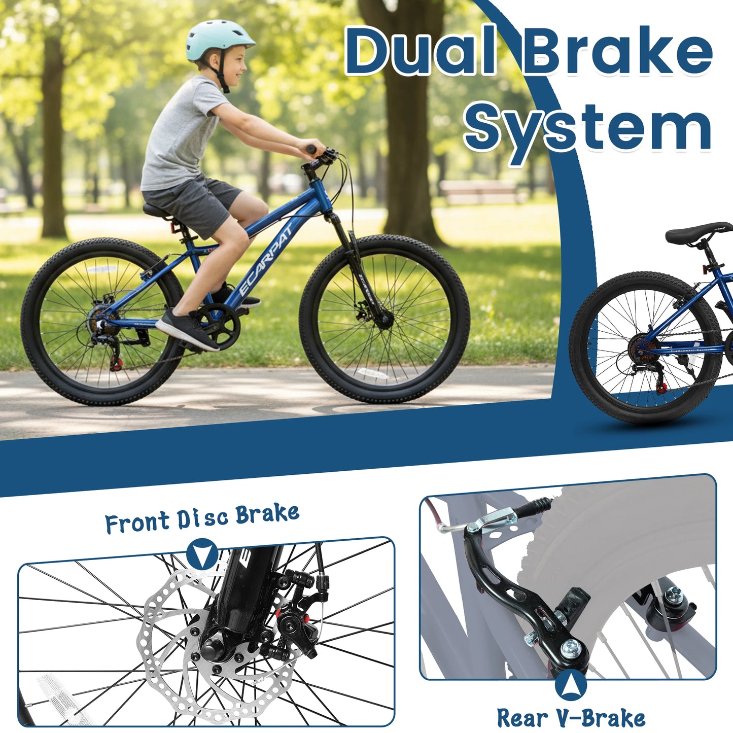 24 Inch Kids' Mountain Bike, 7 Speed Mountain Bicycle with Front Suspension, Front Disc Brake and Rear V-Brake, Carbon Steel Frame Outdoor Cycling City Bike for Teenager Boys Girls Gifts