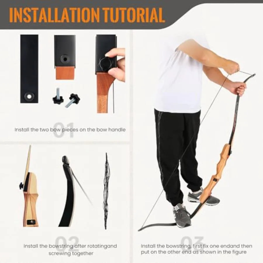 62 Inch Wooden Takedown Recurve Bow for Adult Youth Beginner Archery Training Hunting Practice Competition 20-50lbs Light Weigh