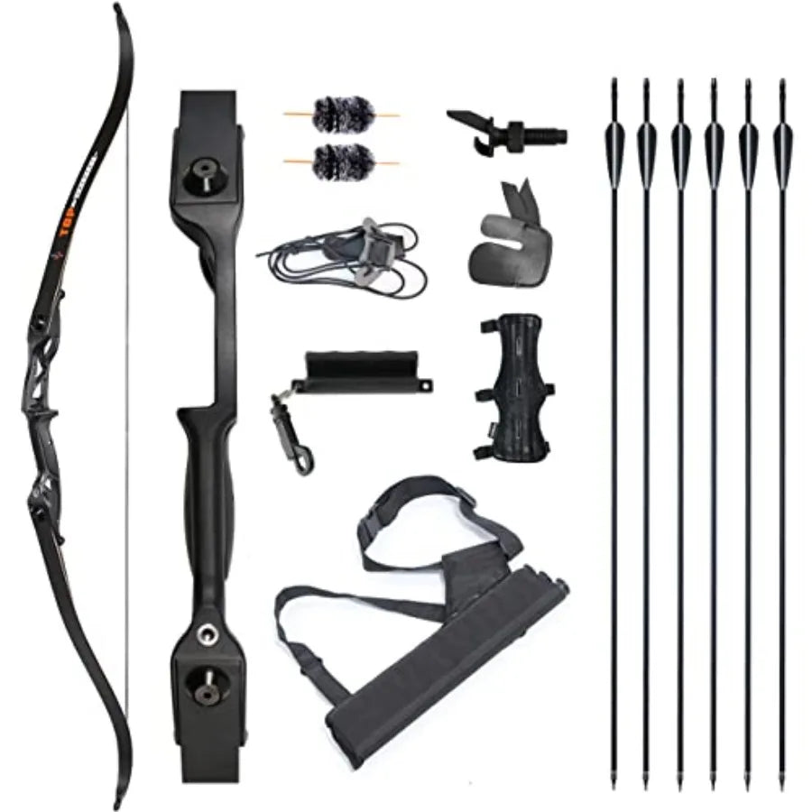 Archery 56 Takedown Hunting Recurve Bow and Arrow Set Metal Riser Right Hand Black Longbow Kit with 6Pcs Carbon Arrows Right Ha